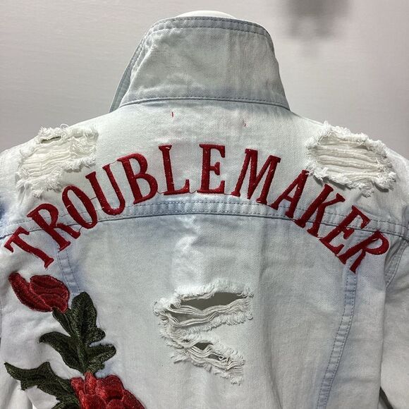 Emory Park Patch Work Rose Troublemaker Distressed Jean Denim Jacket Shacket - Picture 3 of 16